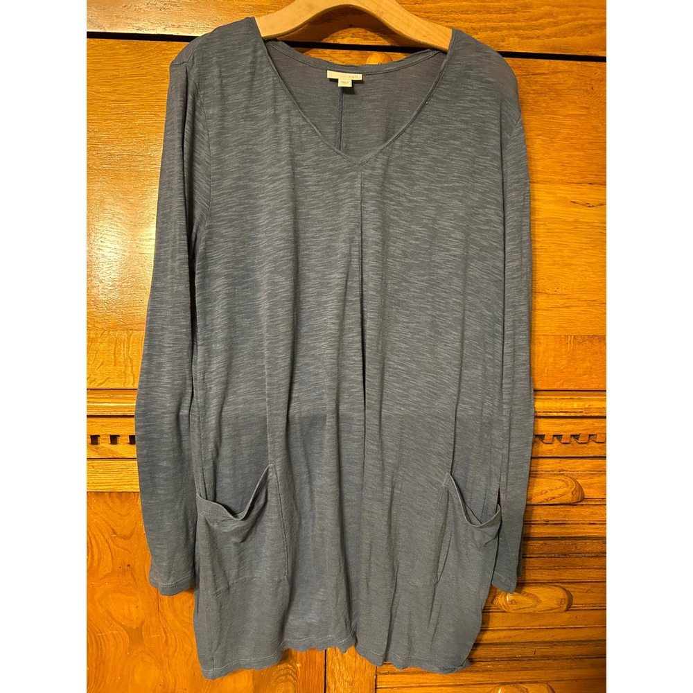 J. Jill Granola Lagenlook Blue Slub Knit Long Sleeve V-Neck Tunic Top Large